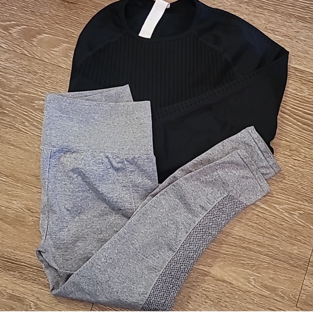 Fabletics Black Top and Gray Leggings Set